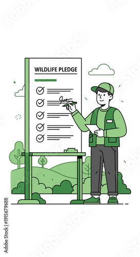 Conservationist Signs Wildlife Pledge Board with Checklist In Nature Setting