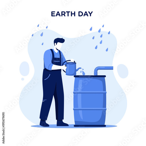 Conservation Effort For Earth Day Collection Using Blue Barrel For Rainwater