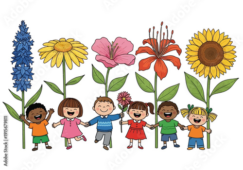 Children holding hands amongst colorful flowers in a cheerful illustrative scene high quality professional detailed modern