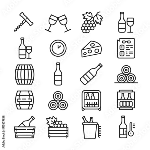 Wine and cheese themed icons bottles glasses grapes and accessories
