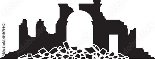 Crumbled city wall silhouette with arched doorway and pile of debris in panoramic format