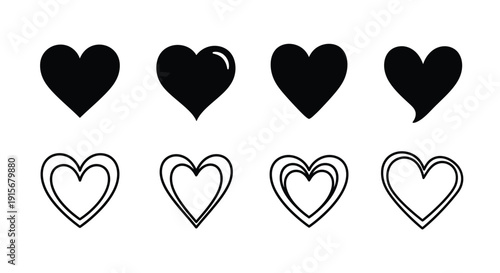 Eight hearts arranged in two rows black and white outline style