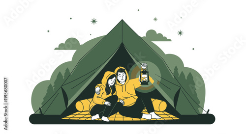 Couple Camping Adventure Under Starlit Sky With Lantern