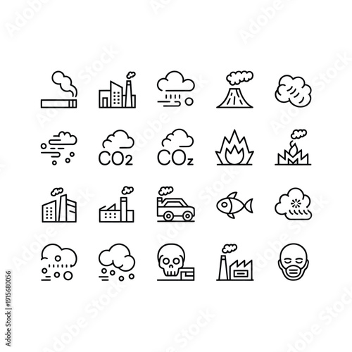 Environmental pollution icons depicting various sources and effects