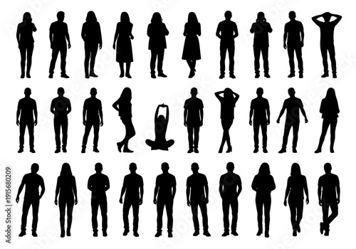 Collection of diverse black silhouettes depicting various human poses and body types high quality professional detailed
