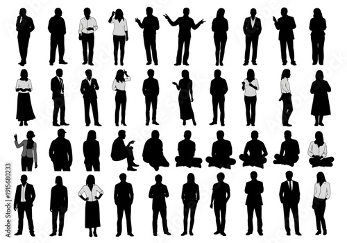 Collection of diverse black silhouettes depicting various human poses and business attire high quality professional detailed