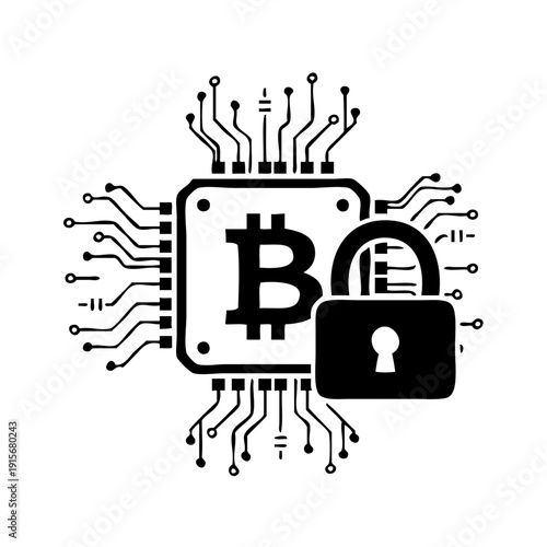 A digital illustration of a bitcoin symbol with a lock icon representing cryptocurrency security