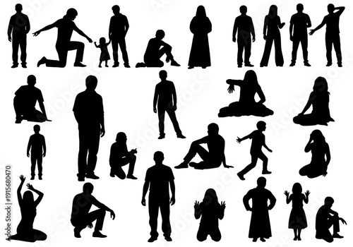 Collection of diverse black silhouettes depicting various human poses and activities high quality professional detailed modern