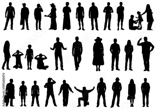 A collection of diverse black silhouettes depicting people in various poses and activities high quality professional
