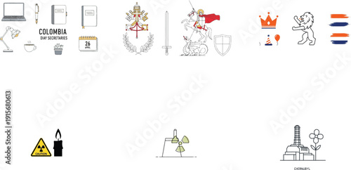 Various including office supplies, religious symbols, animals, and nuclear warning signs