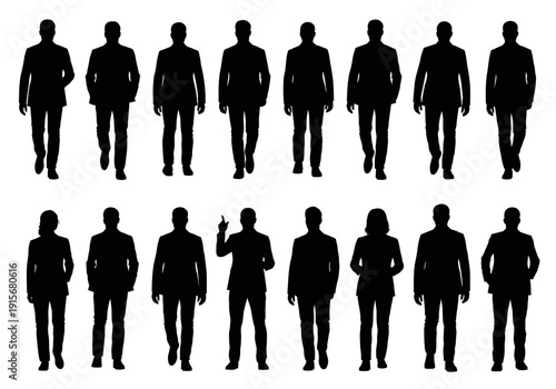 Silhouette figures of people walking in suits arranged in two rows on a white background