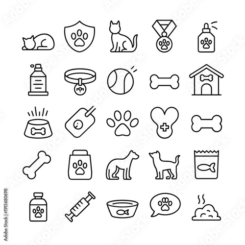 Collection of simple line icons representing various pet care items and animals