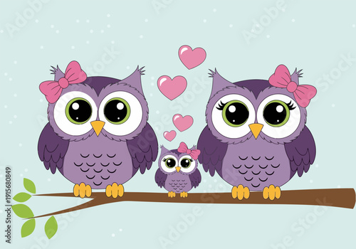 A family of three cartoon owls perched on a branch surrounded by pink hearts high quality