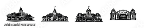 Train station architecture icons set. flat vector railway structures collection for design