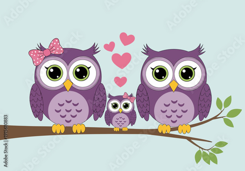 Illustration of a family of purple owls perched on a branch with hearts floating above
