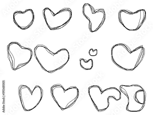 Hand drawn hearts in various sizes and shapes on white