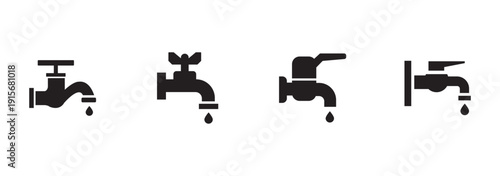 Faucet icons set. Water tap outline icon in black colors.