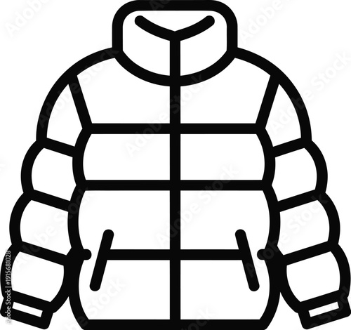 Black outline icon of a puffer jacket with horizontal quilting and high collar for winter clothing representation