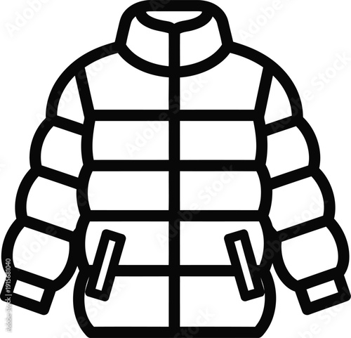 A black and white line art icon depicting a warm puffer jacket for cold weather.