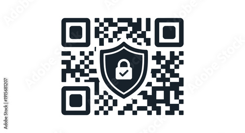 A dark colored qr code graphic features a central shield icon with an unlocked padlock symbol within high quality