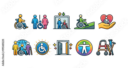 Accessibility and disability icon set. Inclusive, flat style symbols collection.