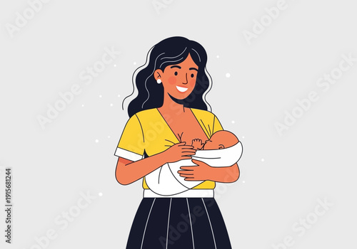 A smiling mother lovingly cradles and feeds her newborn baby in a simple illustration high quality