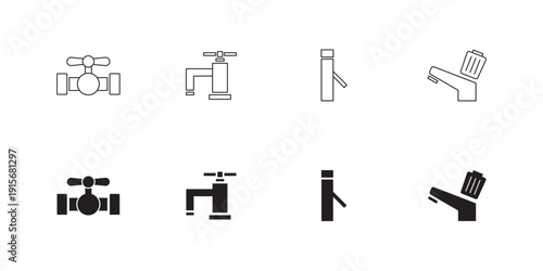 Water Faucet Icon Set. Tap, Plumbing, Leak, Drip, Sink, Pipe, Minimalist Design.