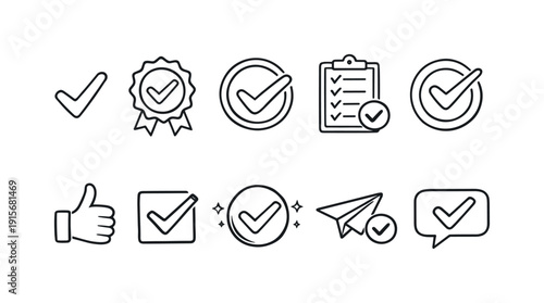 Checklist and approval line icon set. Verification, task management linear icons collection