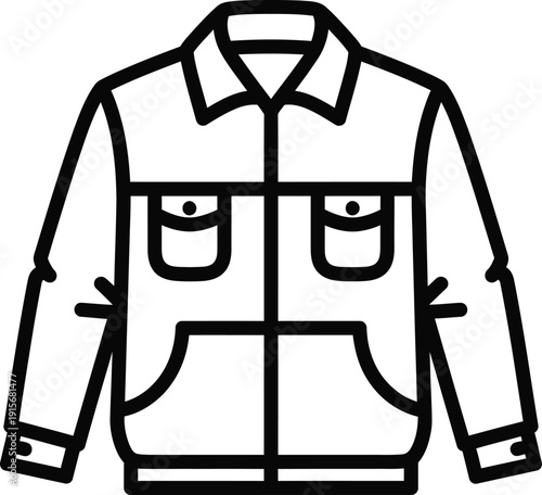 A minimalist black and white line art icon depicting a casual jacket, possibly a work jacket or shacket, featuring a collar and multiple front pockets.