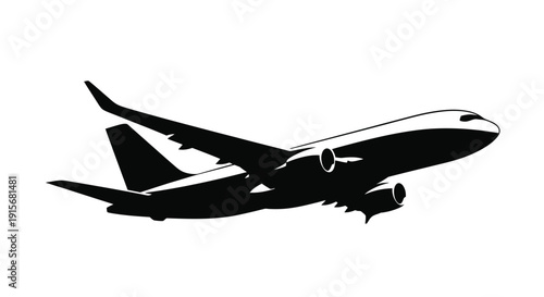 A sleek black silhouette of a commercial airplane in flight