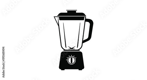 A minimalist black and white illustration depicts a modern kitchen blender with a sleek design and a control dial