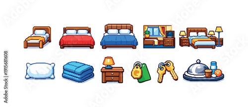 Hotel and accommodation icon set. Cozy hotel room essentials pixel art icons