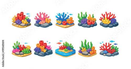 Ocean, coral 3d icon set. Underwater, marine life colorful 3d icons collection