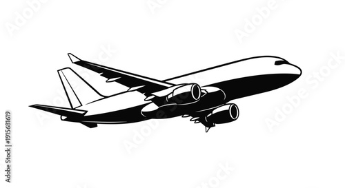 A black and white silhouette of a commercial passenger airplane in flight