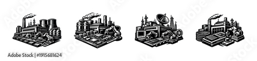 Industrial technology vector icons set. flat digital and factory symbols collection