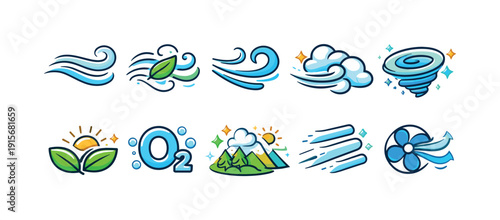 Nature elements icon set. Wind and weather icons in colorful flat style