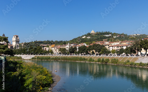 Adige River and historic city waterfront in Verona, Italy