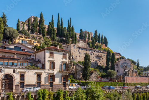 Historic buildings and cypress trees on hill in Verona, Italy