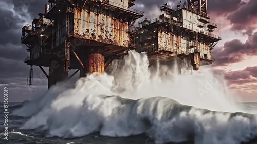 Rusty industrial platform batters waves under stormy, dramatic skies