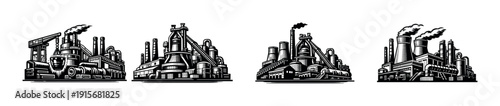 Industrial building icons set. factories and plants graphics. flat vector icons collection