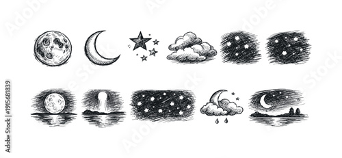 Astronomy and weather chalk icon set. Celestial and forecast elements in chalk style