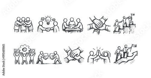 Teamwork outline icon set. Collaboration, leadership, project icons collection outline style.