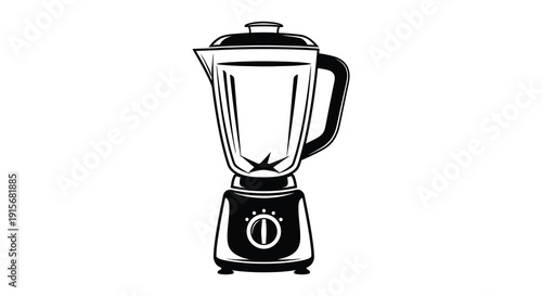 A detailed black and white illustration depicts a modern electric blender showcasing its sleek design and functionality