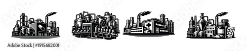 Industrial factory flat vector icons set: manufacturing, production, pharmaceutical illustrations