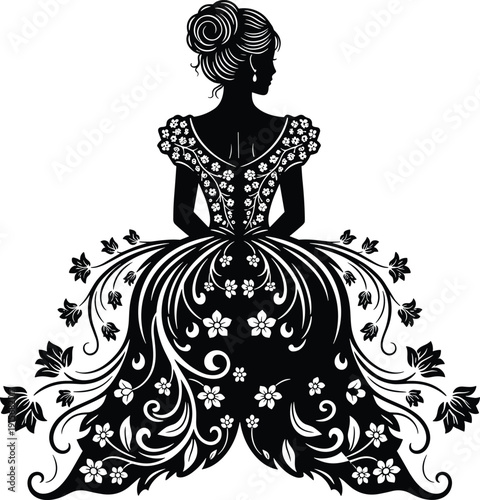 Elegant black and white silhouette of a ball gown adorned with floral patterns isolated on transparent background, Vector