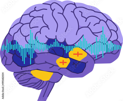 Brain activity scan highlights SAD data within the prefrontal cortex. Illustrates neurological patterns associated with depression. Modern, stylized graphic.