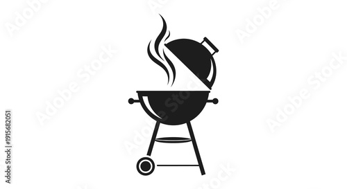A simple black and white illustration depicts a round barbecue grill with an open lid and rising smoke