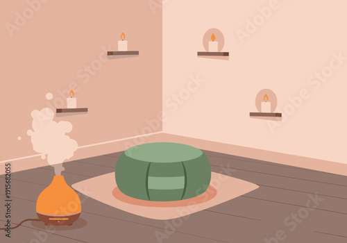Create a serene meditation corner with warm lighting, a comfortable cushion, and aromatherapy diffuser. Ideal for wellness, relaxation, and mindfulness visuals.