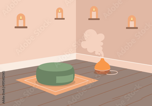 Create a serene meditation space! A green cushion, diffuser, candles, and soft light evoke tranquility. Ideal for wellness, relaxation, and mindful living.
