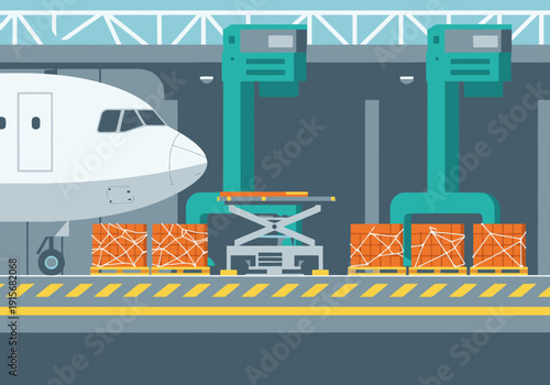 Cargo pallets move through an industrial freight terminal. Modern illustration showcases efficient logistics and global trade. Clean, bright, and professional.